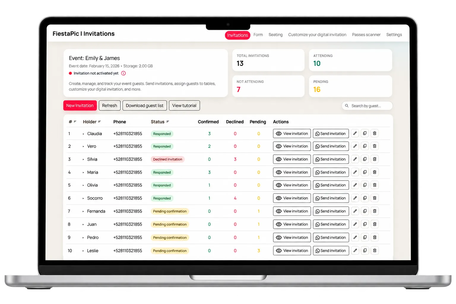 FiestaPic guest list and RSVPs on a laptop
